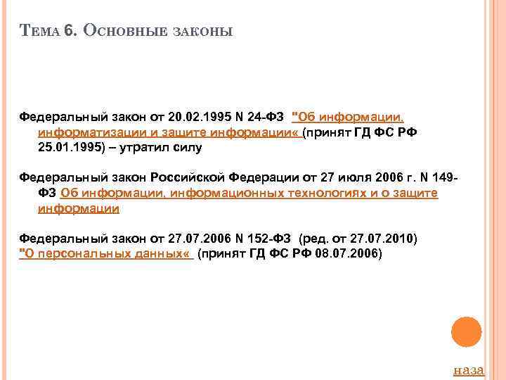 ТЕМА 6. ОСНОВНЫЕ ЗАКОНЫ Федеральный закон от 20. 02. 1995 N 24 ФЗ 