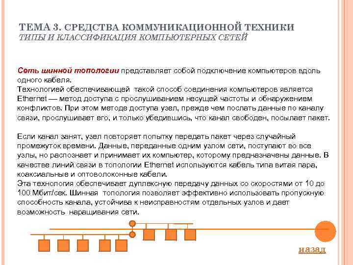 ТЕМА 3. СРЕДСТВА КОММУНИКАЦИОННОЙ ТЕХНИКИ ТИПЫ И КЛАССИФИКАЦИЯ КОМПЬЮТЕРНЫХ СЕТЕЙ Сеть шинной топологии представляет