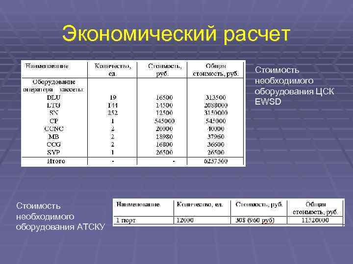    Экономический расчет     Стоимость    