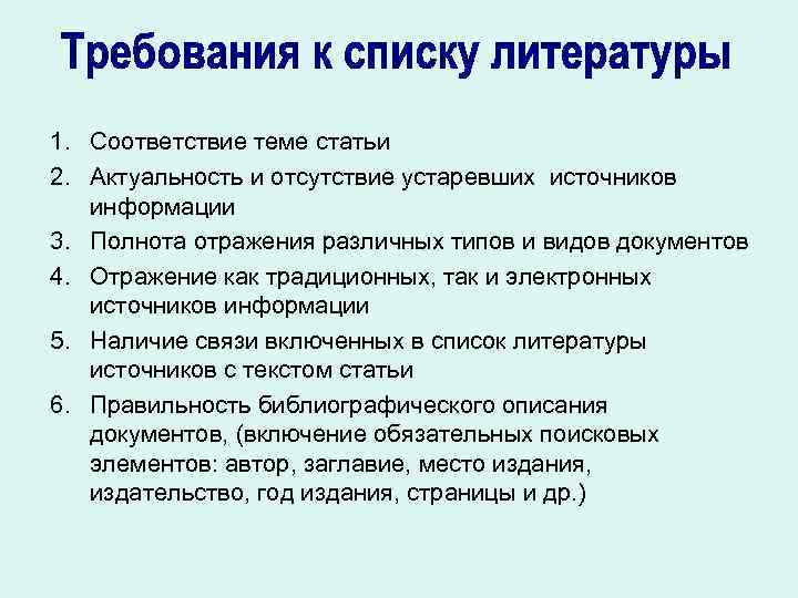 1. Соответствие теме статьи 2. Актуальность и отсутствие устаревших источников информации 3. Полнота отражения 1. Соответствие теме статьи 2. Актуальность и отсутствие устаревших источников информации 3. Полнота отражения