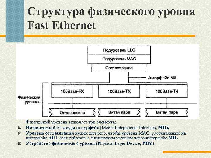 Структура физического уровня Fast Ethernet Физический уровень включает три элемента: Независимый от среды интерфейс