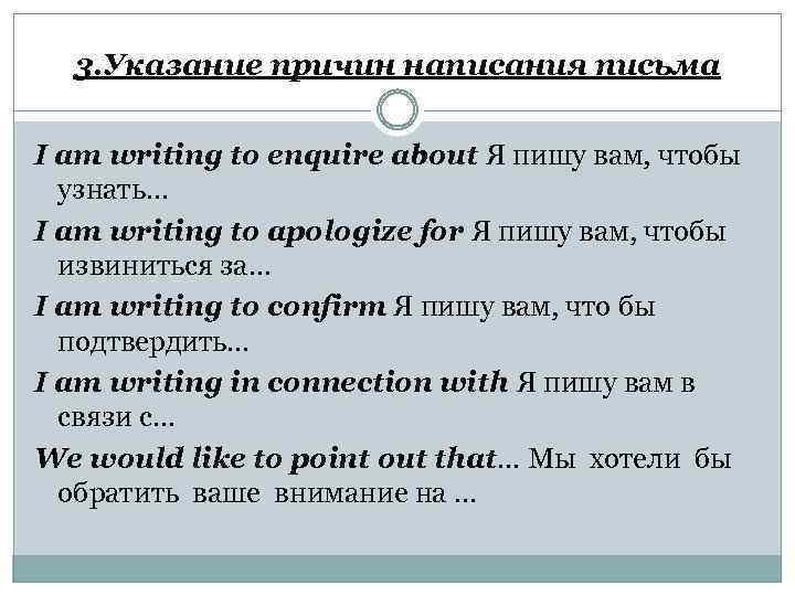 3. Указание причин написания письма I am writing to enquire about Я пишу вам,