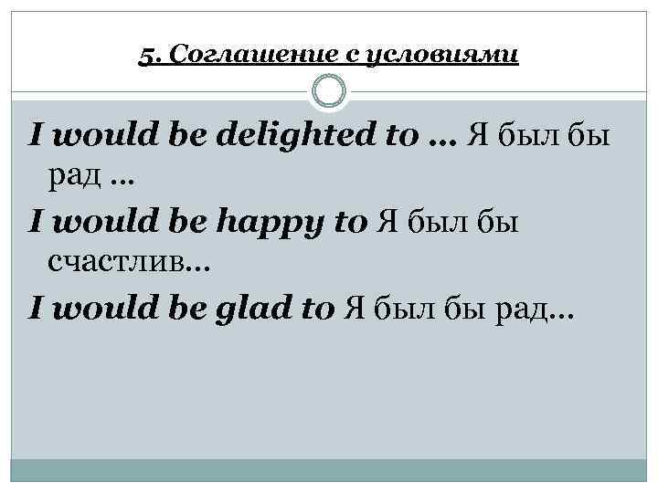 5. Соглашение с условиями I would be delighted to … Я был бы рад.