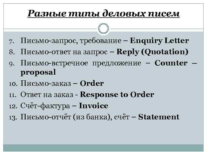 7. Письмо-запрос, требование – Enquiry Letter 8. Письмо-ответ на запрос – Reply (Quotation) 9.