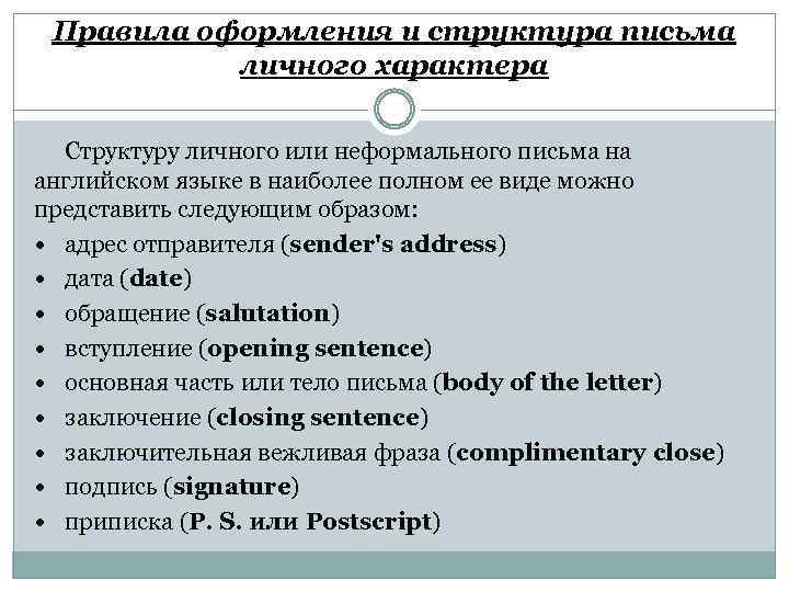 Правила оформления и структура письма личного характера Структуру личного или неформального письма на английском