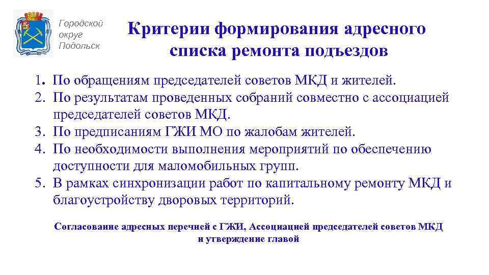 Городской округ Подольск Критерии формирования адресного списка ремонта подъездов 1. По обращениям председателей советов