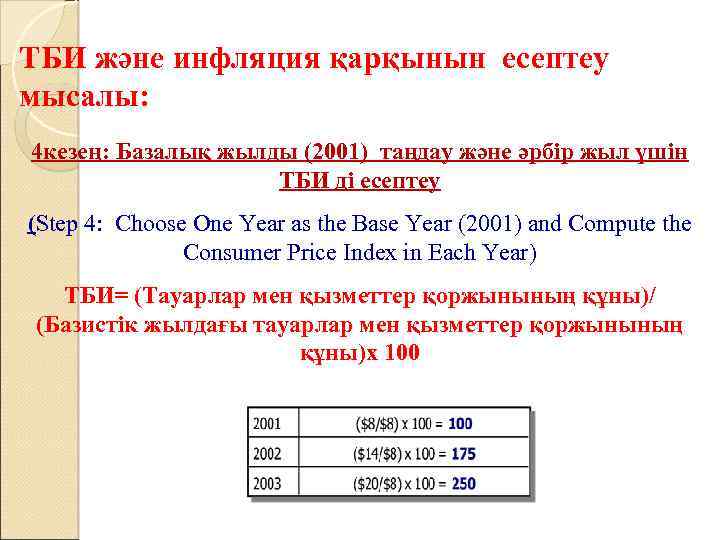 ТБИ және инфляция қарқынын есептеу мысалы: 4 кезең: Базалық жылды (2001) таңдау және әрбір