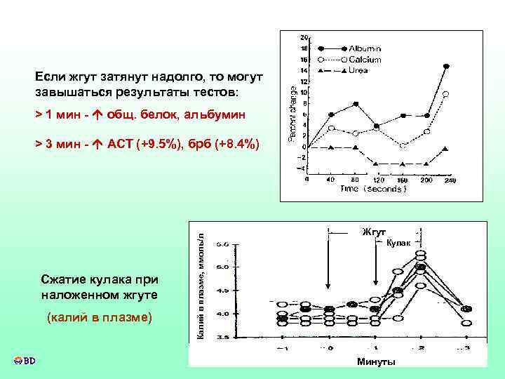 Если жгут затянут надолго, то могут завышаться результаты тестов: > 1 мин - общ.