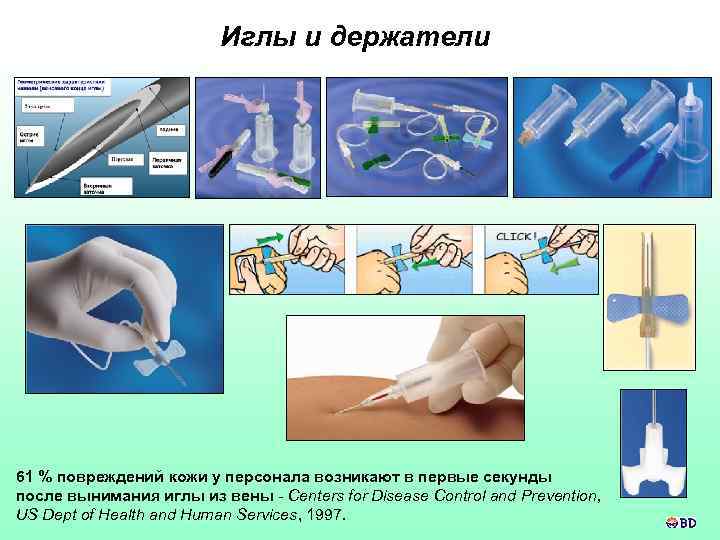 Иглы и держатели 61 % повреждений кожи у персонала возникают в первые секунды после