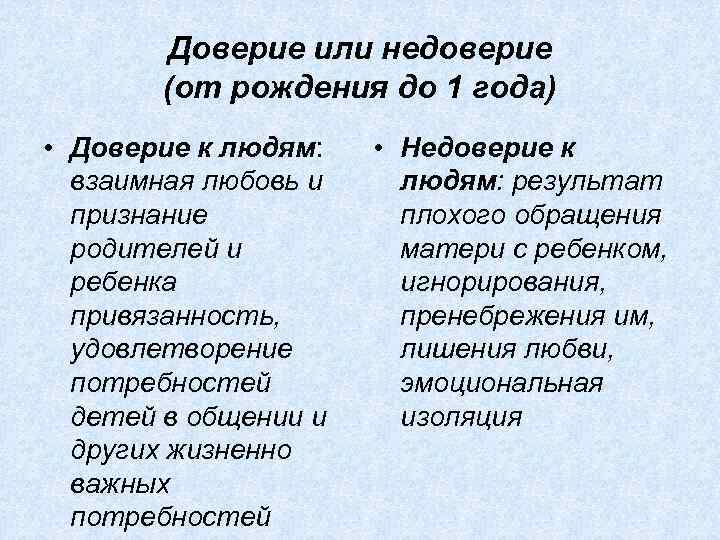 Доверие или недоверие (от рождения до 1 года) • Доверие к людям: взаимная любовь
