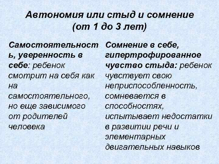 Автономия или стыд и сомнение (от 1 до 3 лет) Самостоятельност ь, уверенность в