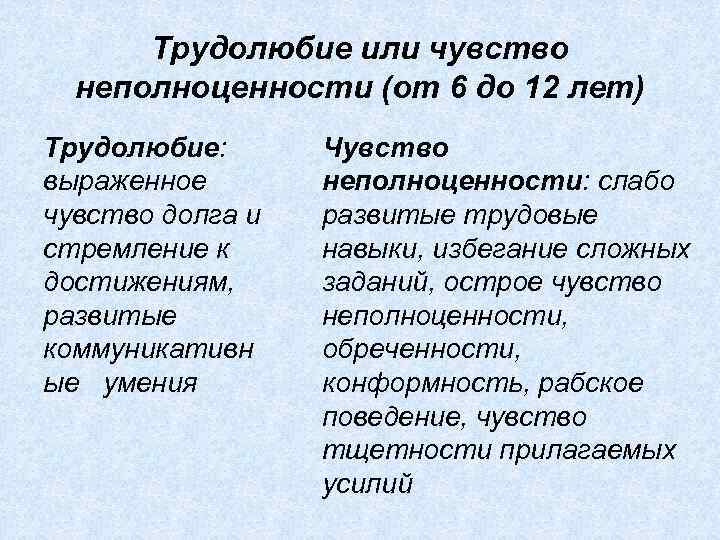 Трудолюбие или чувство неполноценности (от 6 до 12 лет) Трудолюбие: выраженное чувство долга и