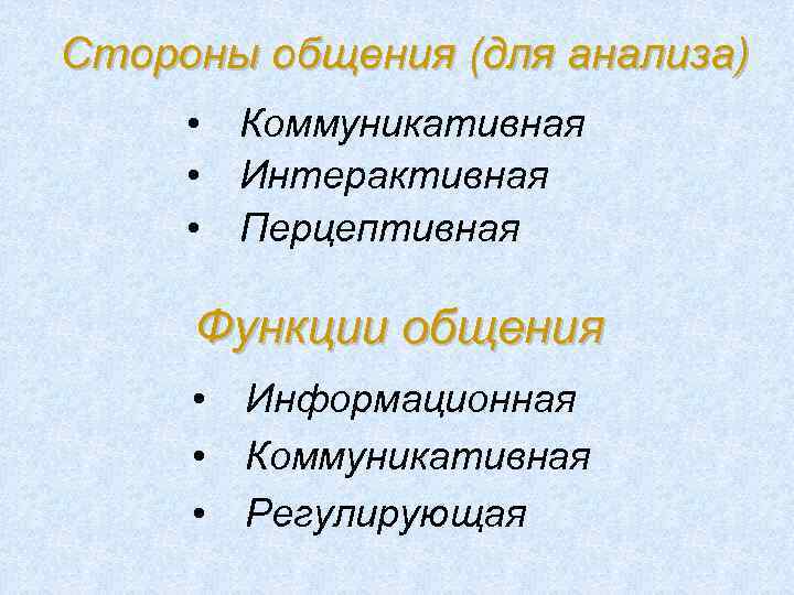 Стороны общения (для анализа) • Коммуникативная • Интерактивная • Перцептивная Функции общения • Информационная