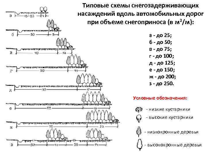 Типовые схемы снегозадерживающих насаждений вдоль автомобильных дорог при объеме снегоприноса (в м 3/м): а