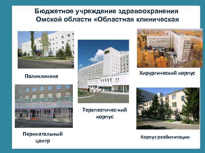 Бюджетное учреждение здравоохранения Омской области «Областная клиническая больница» Хирургический корпус Поликлиника Терапевтичес-кий корпус Перинатальный