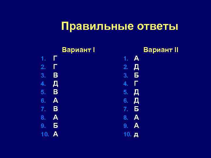 Правильные ответы Вариант I 1. 2. 3. 4. 5. 6. 7. 8. 9. 10.