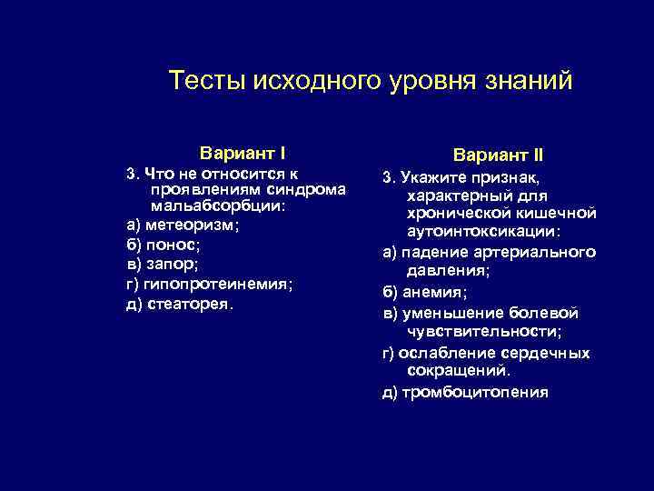 Тесты исходного уровня знаний Вариант I 3. Что не относится к проявлениям синдрома мальабсорбции: