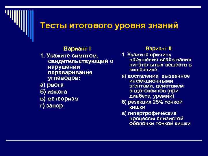 Тесты итогового уровня знаний Вариант I 1. Укажите симптом, свидетельствующий о нарушении переваривания углеводов: