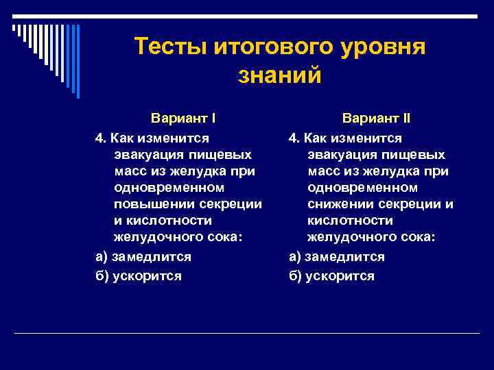 Тесты итогового уровня знаний Вариант I 4. Как изменится эвакуация пищевых масс из желудка