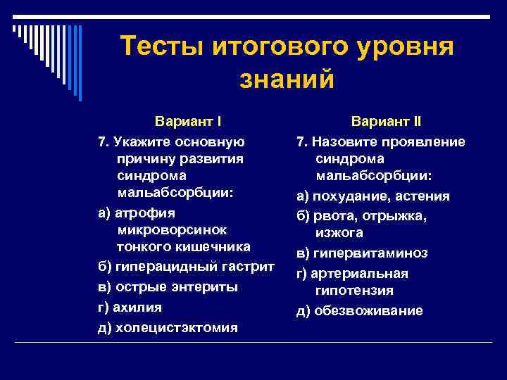 Тесты итогового уровня знаний Вариант I 7. Укажите основную причину развития синдрома мальабсорбции: а)