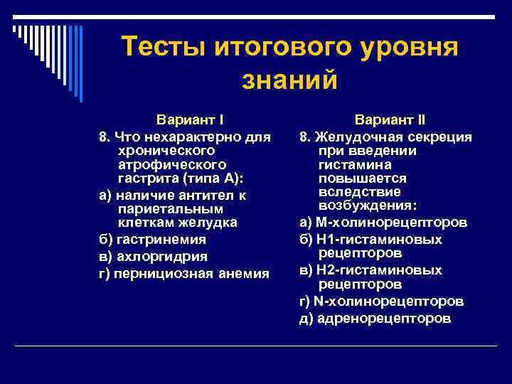 Тесты итогового уровня знаний Вариант I 8. Что нехарактерно для хронического атрофического гастрита (типа