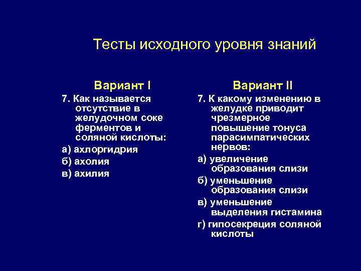 Тесты исходного уровня знаний Вариант I 7. Как называется отсутствие в желудочном соке ферментов