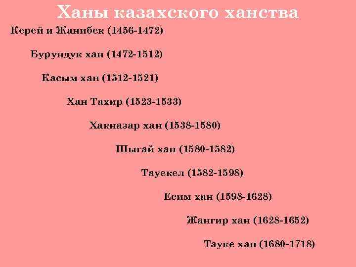 Ханы казахского ханства Керей и Жанибек (1456 -1472) Бурундук хан (1472 -1512) Касым хан