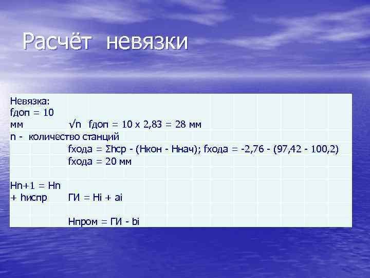 Расчёт невязки Невязка: fдоп = 10 мм √n fдоп = 10 х 2, 83