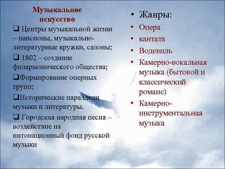 Музыкальное искусство q Центры музыкальной жизни – пансионы, музыкальнолитературные кружки, салоны; q 1802 –
