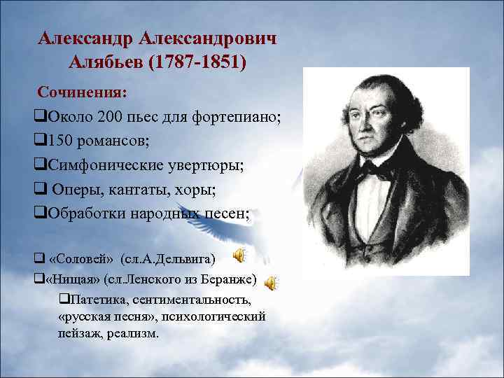 Александрович Алябьев (1787 -1851) Сочинения: q. Около 200 пьес для фортепиано; q 150 романсов;