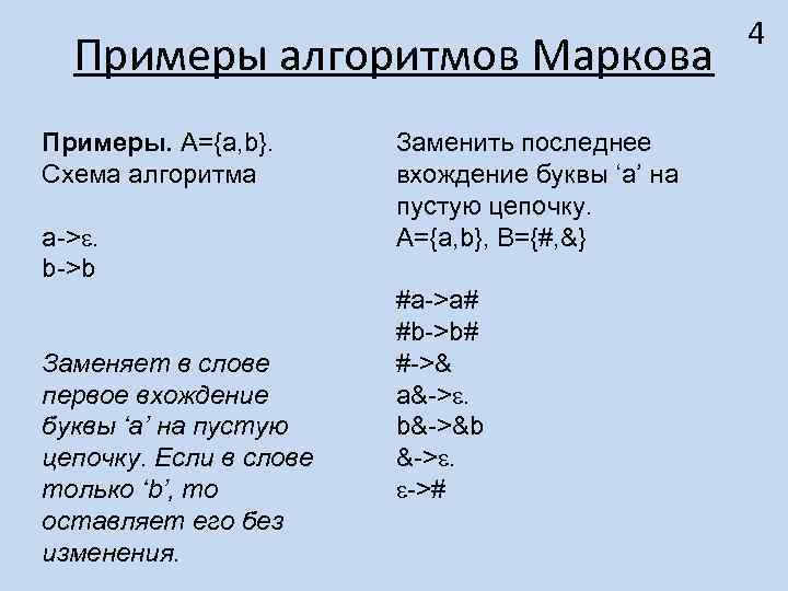 Примеры алгоритмов Маркова Примеры. А={a, b}. Схема алгоритма а->. b->b Заменяет в слове первое