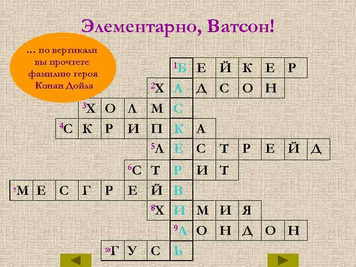 Элементарно, Ватсон! … по вертикали вы прочтете фамилию героя Конан Дойла 1 Б 2