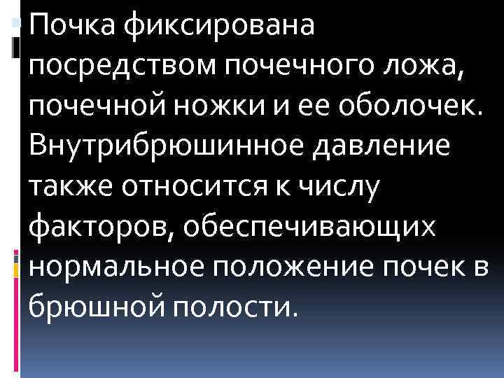  Почка фиксирована посредством почечного ложа, почечной ножки и ее оболочек. Внутрибрюшинное давление также