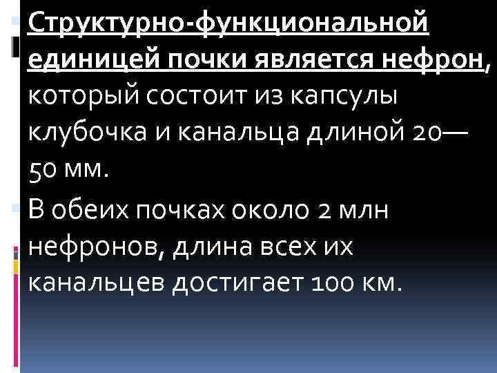  Структурно-функциональной единицей почки является нефрон, который состоит из капсулы клубочка и канальца длиной