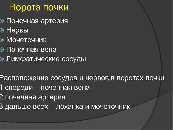 Ворота почки Почечная артерия Нервы Мочеточник Почечная вена Лимфатические сосуды Расположение сосудов и нервов