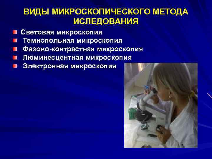 ВИДЫ МИКРОСКОПИЧЕСКОГО МЕТОДА ИСЛЕДОВАНИЯ Световая микроскопия Темнопольная микроскопия Фазово-контрастная микроскопия Люминесцентная микроскопия Электронная микроскопия