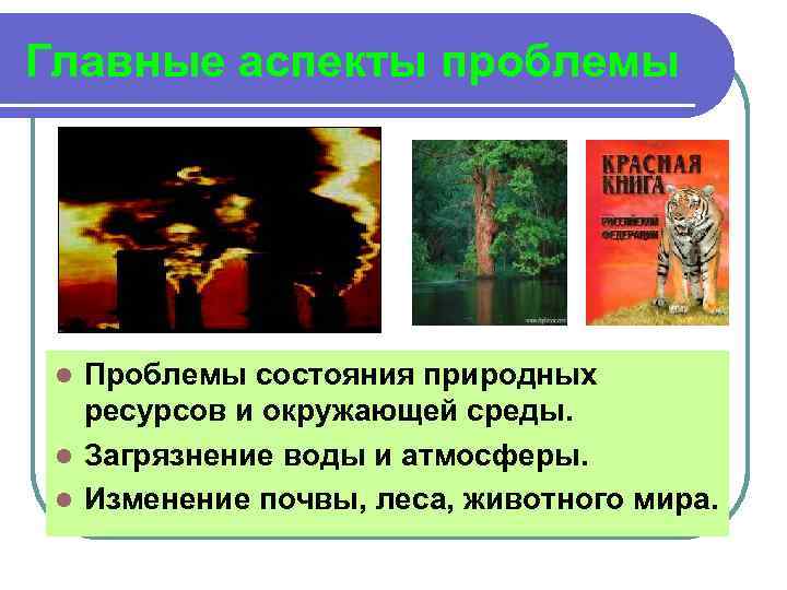 Главные аспекты проблемы Проблемы состояния природных ресурсов и окружающей среды. l Загрязнение воды и