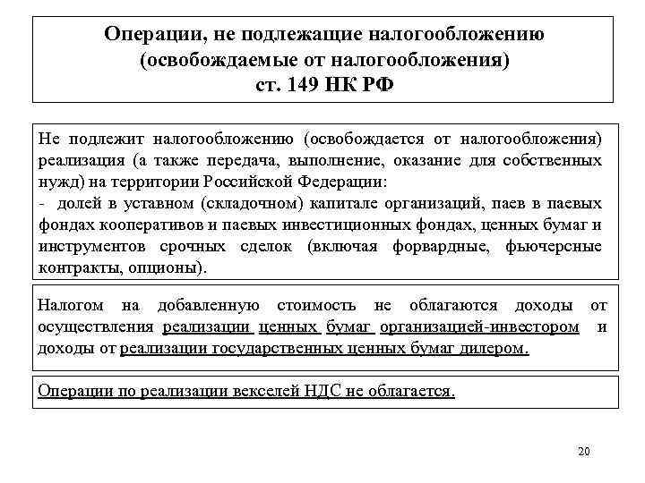 Операции, не подлежащие налогообложению (освобождаемые от налогообложения) ст. 149 НК РФ Не подлежит налогообложению