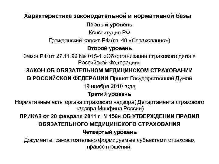 Характеристика законодательной и нормативной базы Первый уровень Конституция РФ Гражданский кодекс РФ (гл. 48