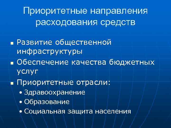 Приоритетные направления расходования средств n n n Развитие общественной инфраструктуры Обеспечение качества бюджетных услуг