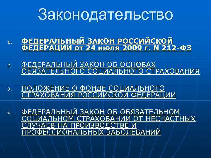 Законодательство 1. 2. 3. 4. ФЕДЕРАЛЬНЫЙ ЗАКОН РОССИЙСКОЙ ФЕДЕРАЦИИ от 24 июля 2009 г.