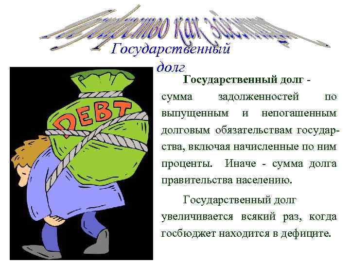 Государственный долг сумма задолженностей по выпущенным и непогашенным долговым обязательствам государства, включая начисленные по