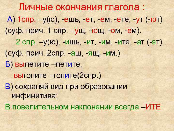 Личные окончания глагола : А) 1 спр. –у(ю), -ешь, -ет, -ем, -ете, -ут (-ют)