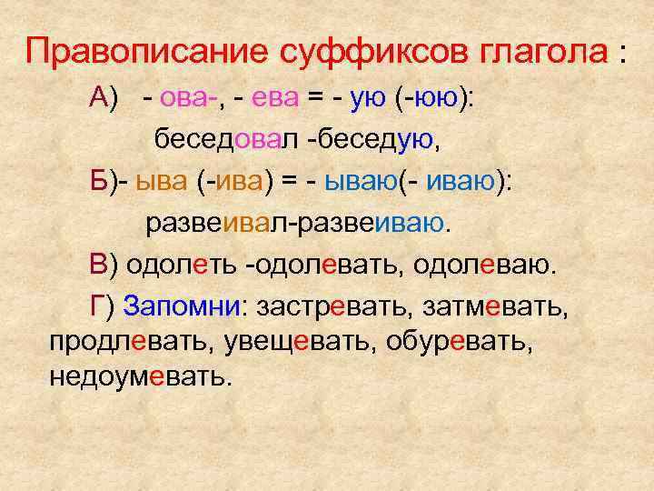 Правописание суффиксов глагола : А) - ова-, - ева = - ую (-юю): беседовал