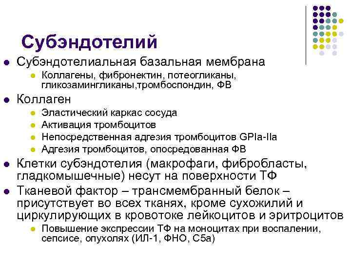 Субэндотелий l Субэндотелиальная базальная мембрана l l Коллаген l l l Коллагены, фибронектин, потеогликаны,