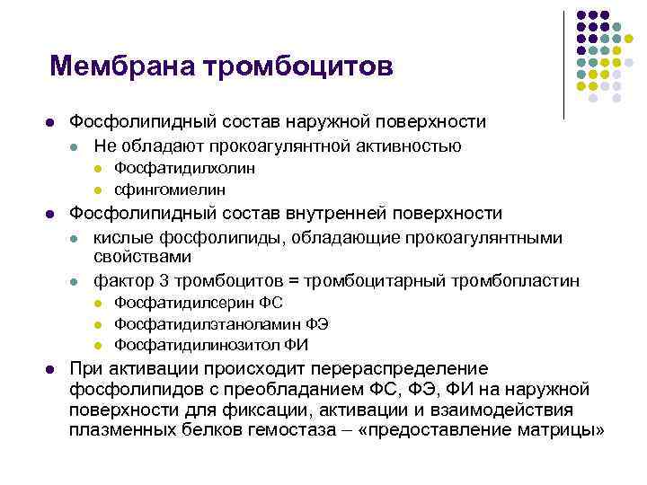 Мембрана тромбоцитов l Фосфолипидный состав наружной поверхности l Не обладают прокоагулянтной активностью l l