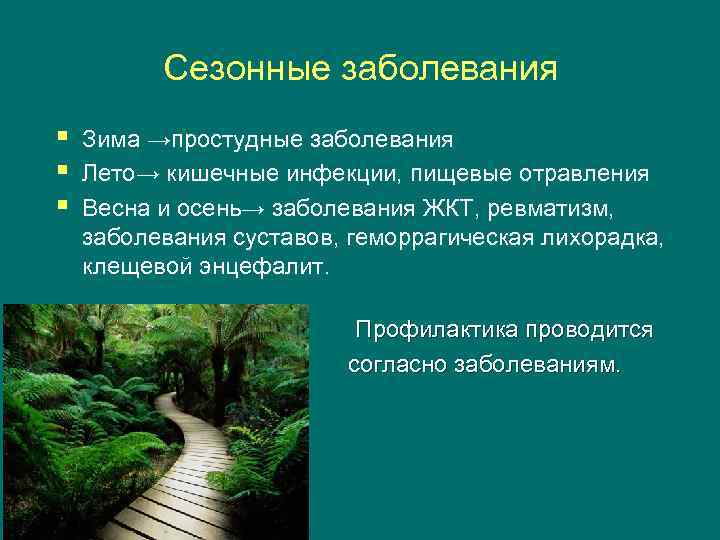     Сезонные заболевания §  Зима →простудные заболевания §  Лето→