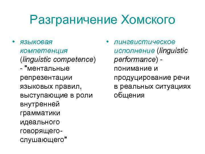 Разграничение Хомского • языковая • лингвистическое компетенция Разграничение Хомского • языковая • лингвистическое компетенция