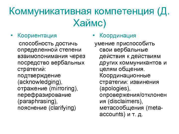 Коммуникативная компетенция (Д. Хаймс) • Коориентация • Координация способность Коммуникативная компетенция (Д. Хаймс) • Коориентация • Координация способность
