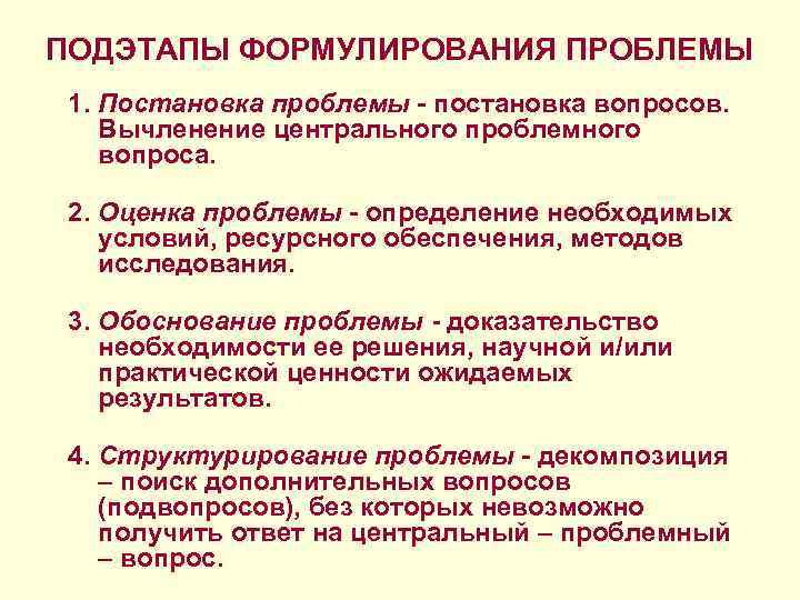 ПОДЭТАПЫ ФОРМУЛИРОВАНИЯ ПРОБЛЕМЫ 1. Постановка проблемы - постановка вопросов. Вычленение центрального проблемного вопроса. ПОДЭТАПЫ ФОРМУЛИРОВАНИЯ ПРОБЛЕМЫ 1. Постановка проблемы - постановка вопросов. Вычленение центрального проблемного вопроса.
